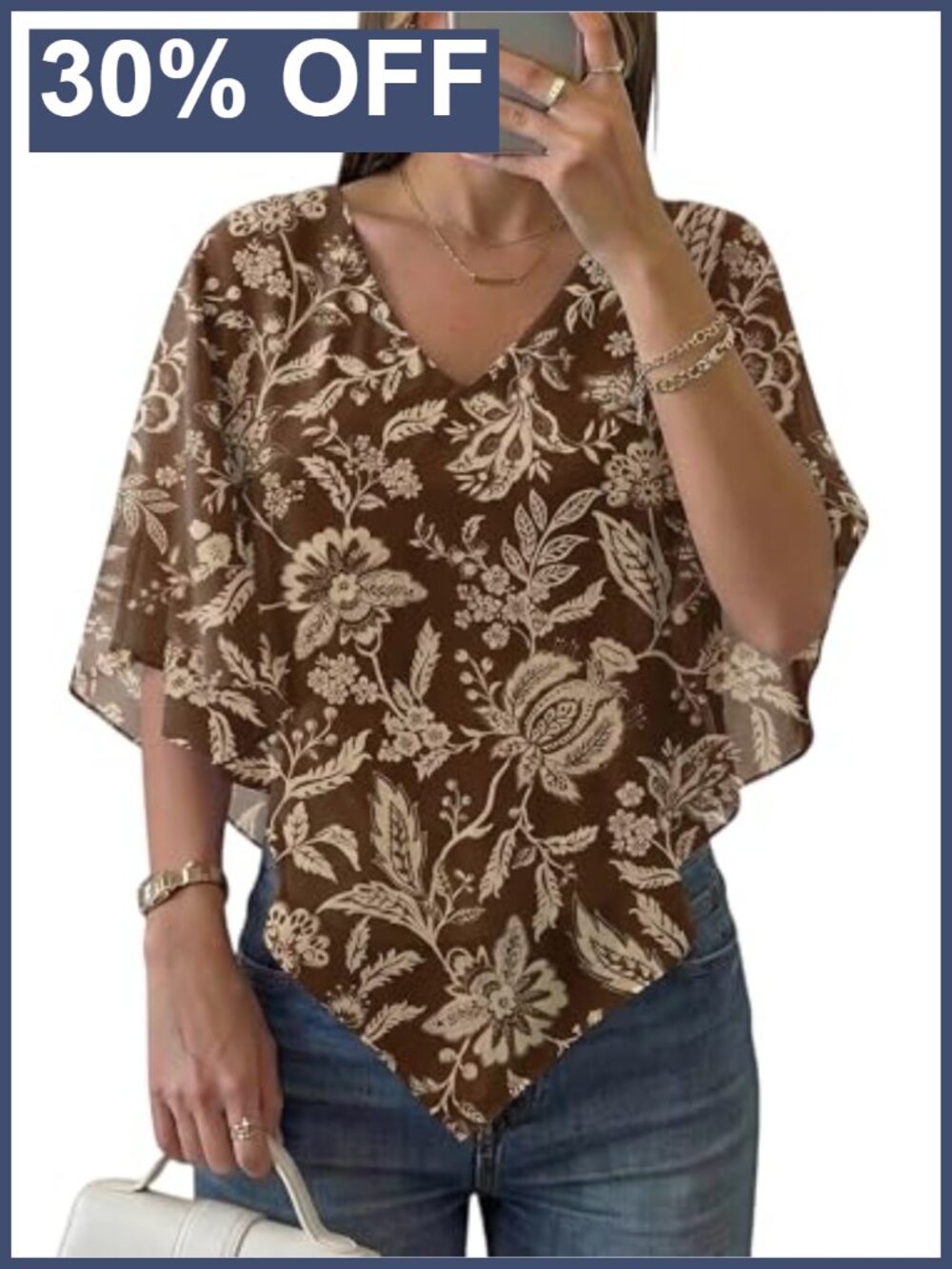 Women's V Neck Double Layered Chiffon Poncho Top Batwing Sleeve Beach